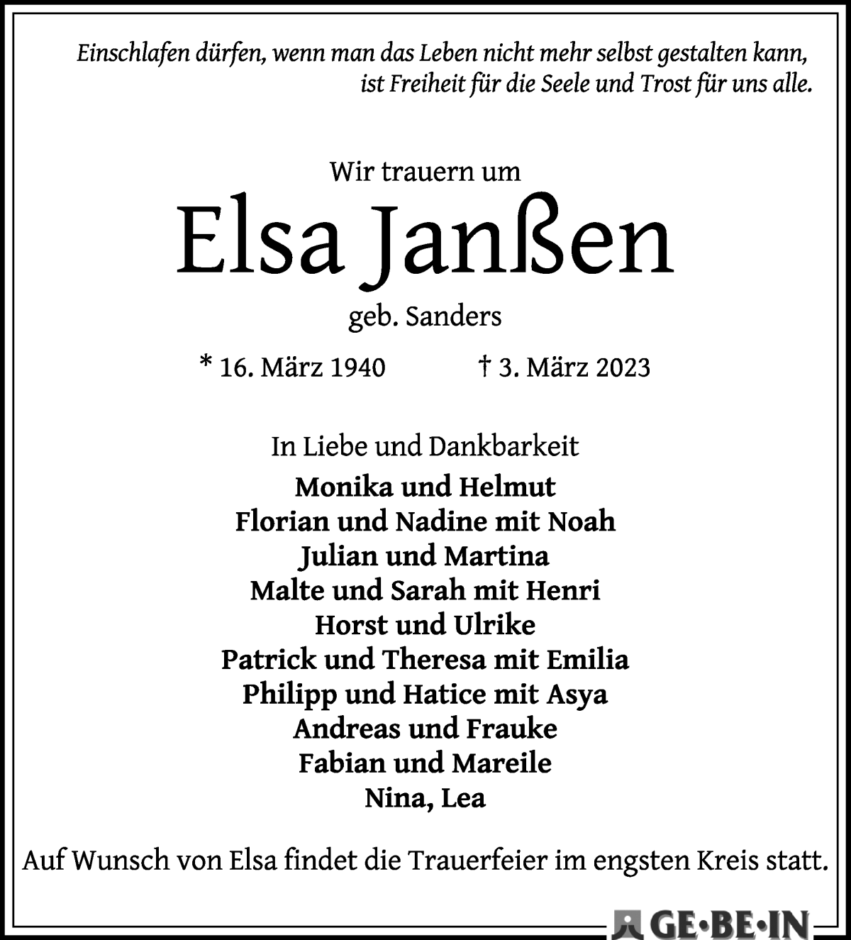 Traueranzeige von Elsa Janßen von WESER-KURIER