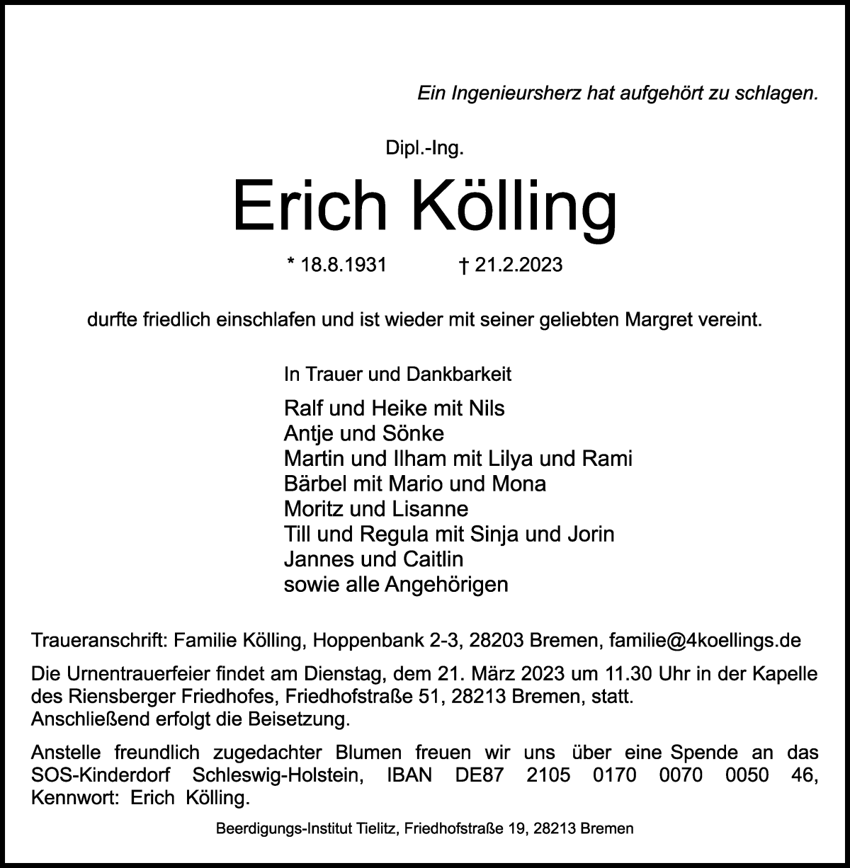 Traueranzeige von Erich Kölling von WESER-KURIER