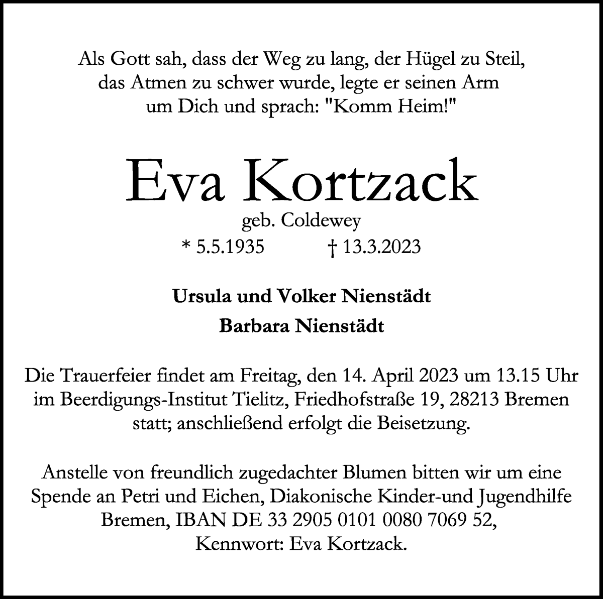 Traueranzeige von Eva Kortzack von WESER-KURIER