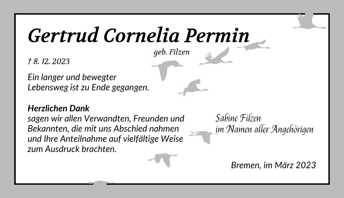 Traueranzeige von Gertrud Cornelia Permin von Die Norddeutsche
