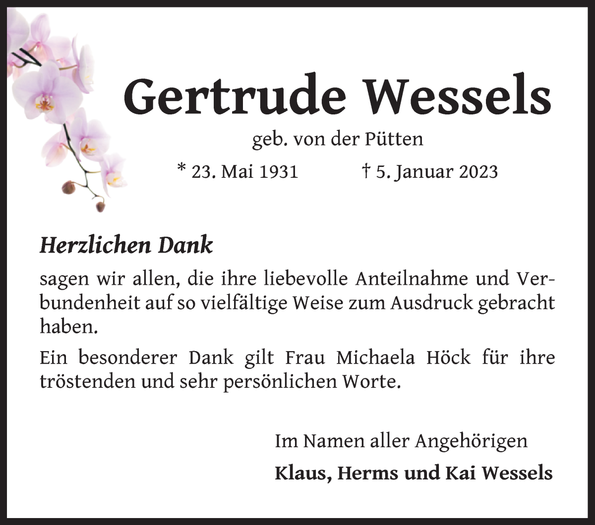 Traueranzeige von Gertrude Wessels von WESER-KURIER