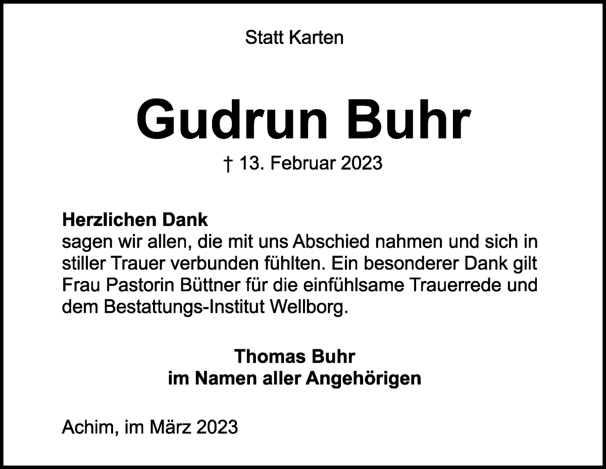 Traueranzeige von Gudrun Buhr von Achimer Kurier/Verdener Nachrichten