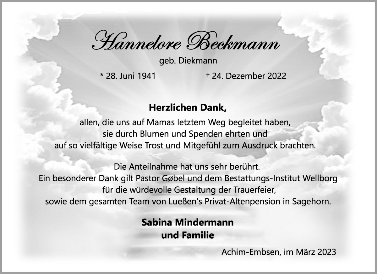 Traueranzeige von Hannelore Beckmann von Achimer Kurier/Verdener Nachrichten