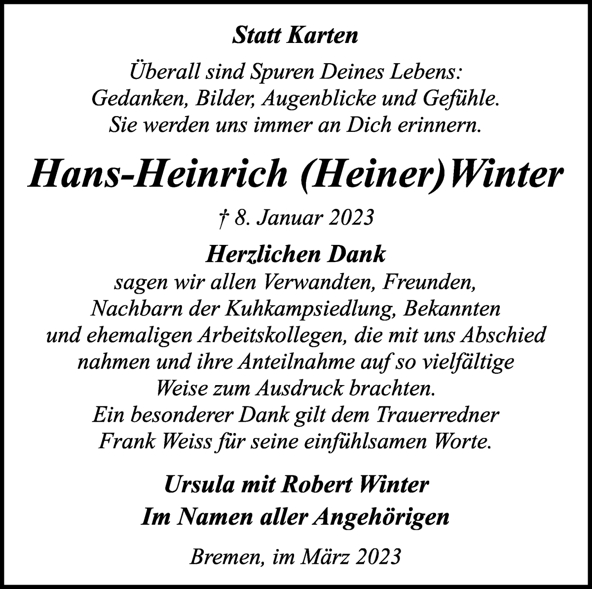 Traueranzeige von Hans-Heinrich Winter von WESER-KURIER