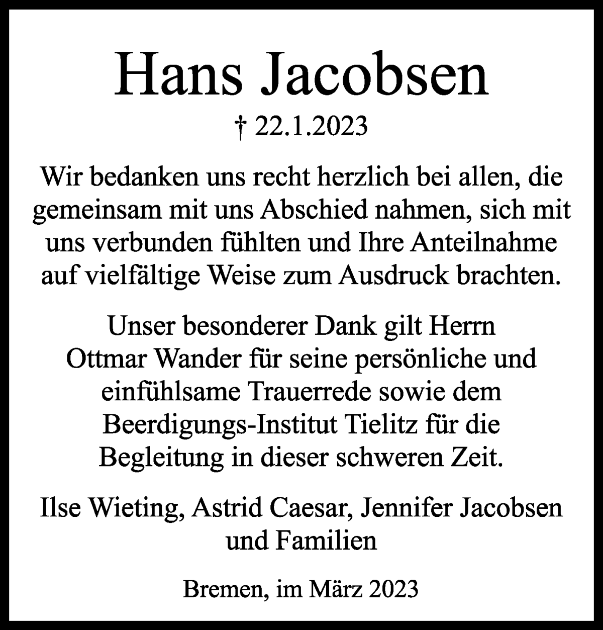 Traueranzeige von Hans Jacobsen von WESER-KURIER