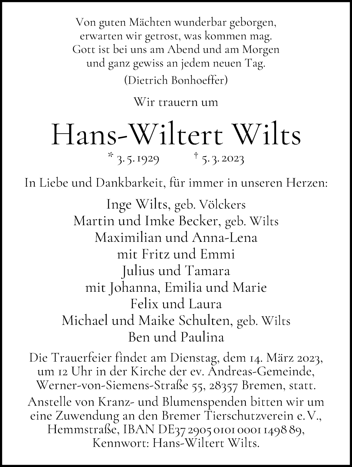 Traueranzeige von Hans-Wiltert Wilts von WESER-KURIER