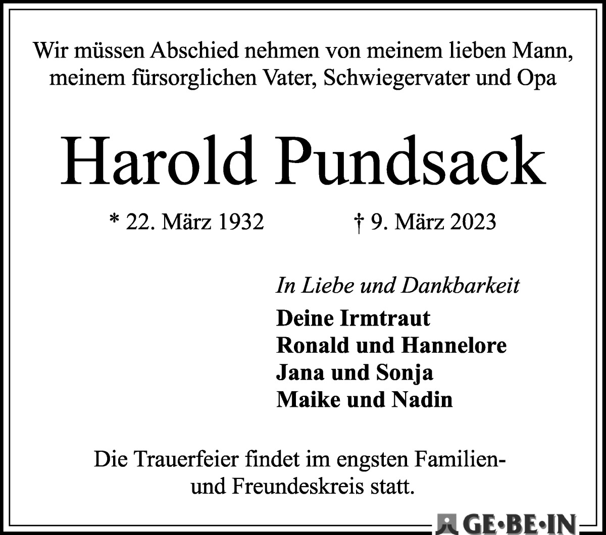 Traueranzeige von Harold Pundsack von WESER-KURIER