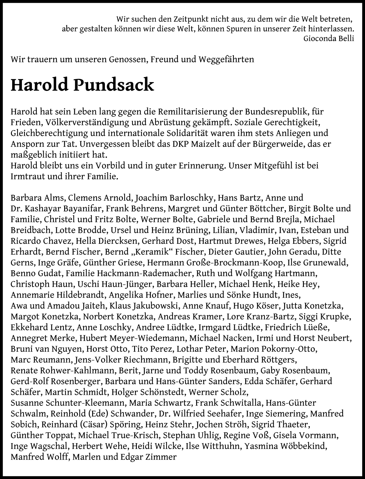 Traueranzeige von Harold Pundsack von WESER-KURIER