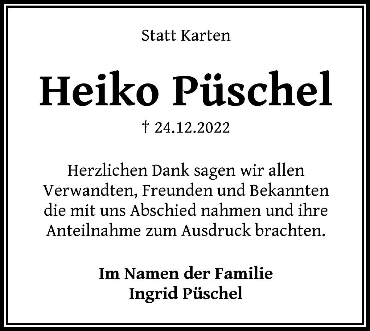 Traueranzeige von Heiko Püschel von WESER-KURIER