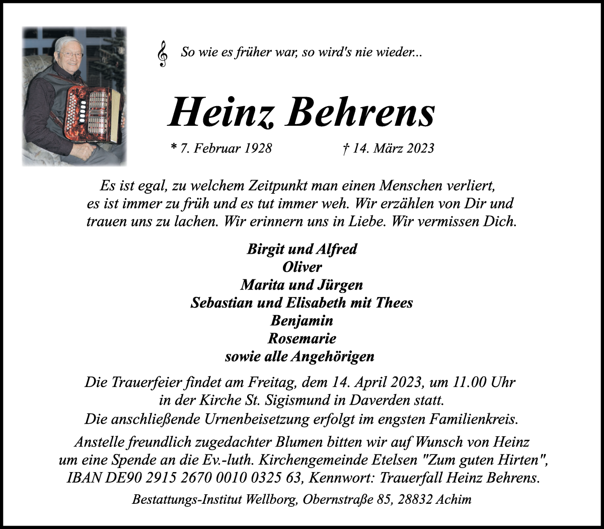 Traueranzeige von Heinz Behrens von WESER-KURIER