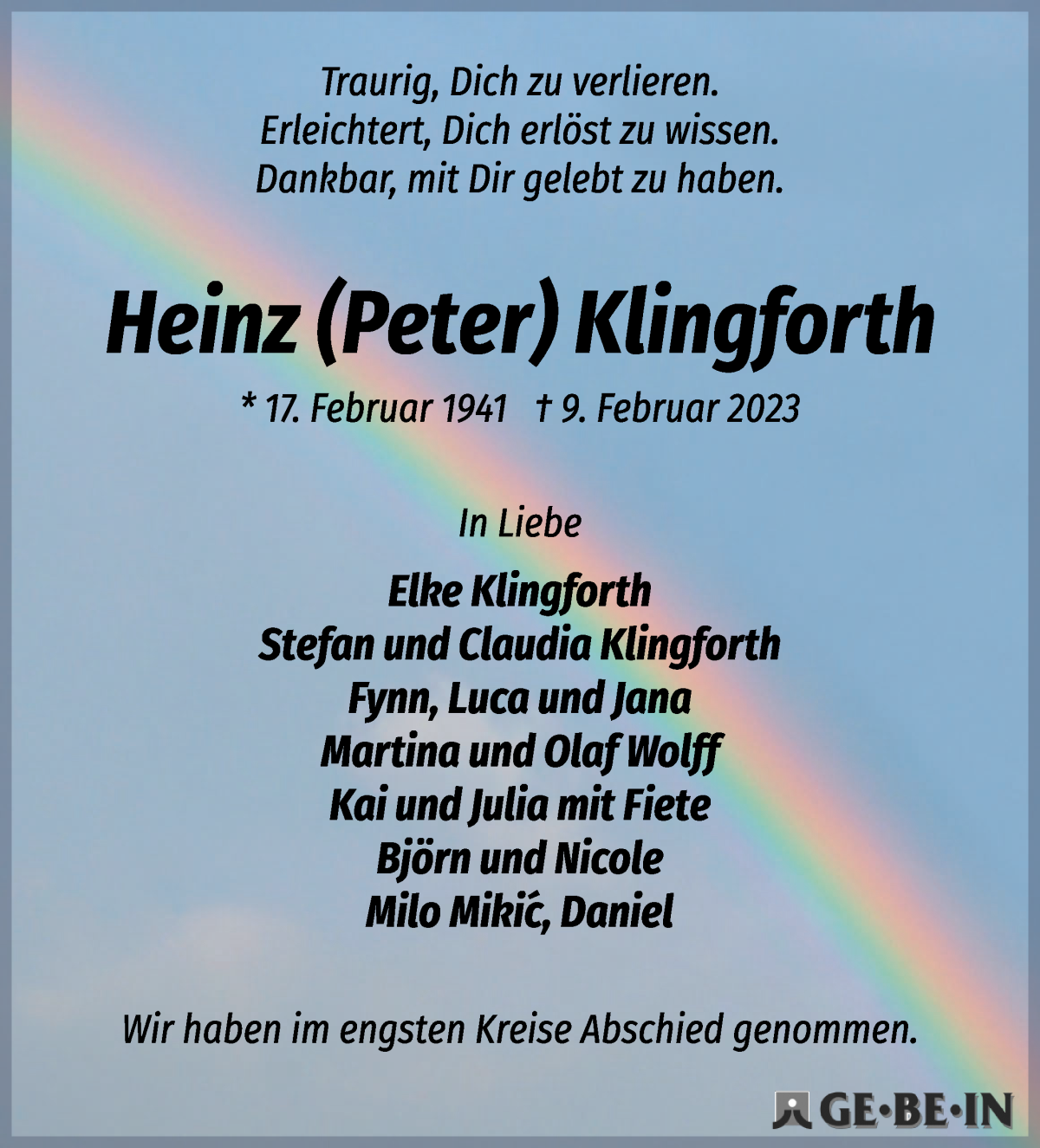 Traueranzeige von Heinz Klingforth von Die Norddeutsche