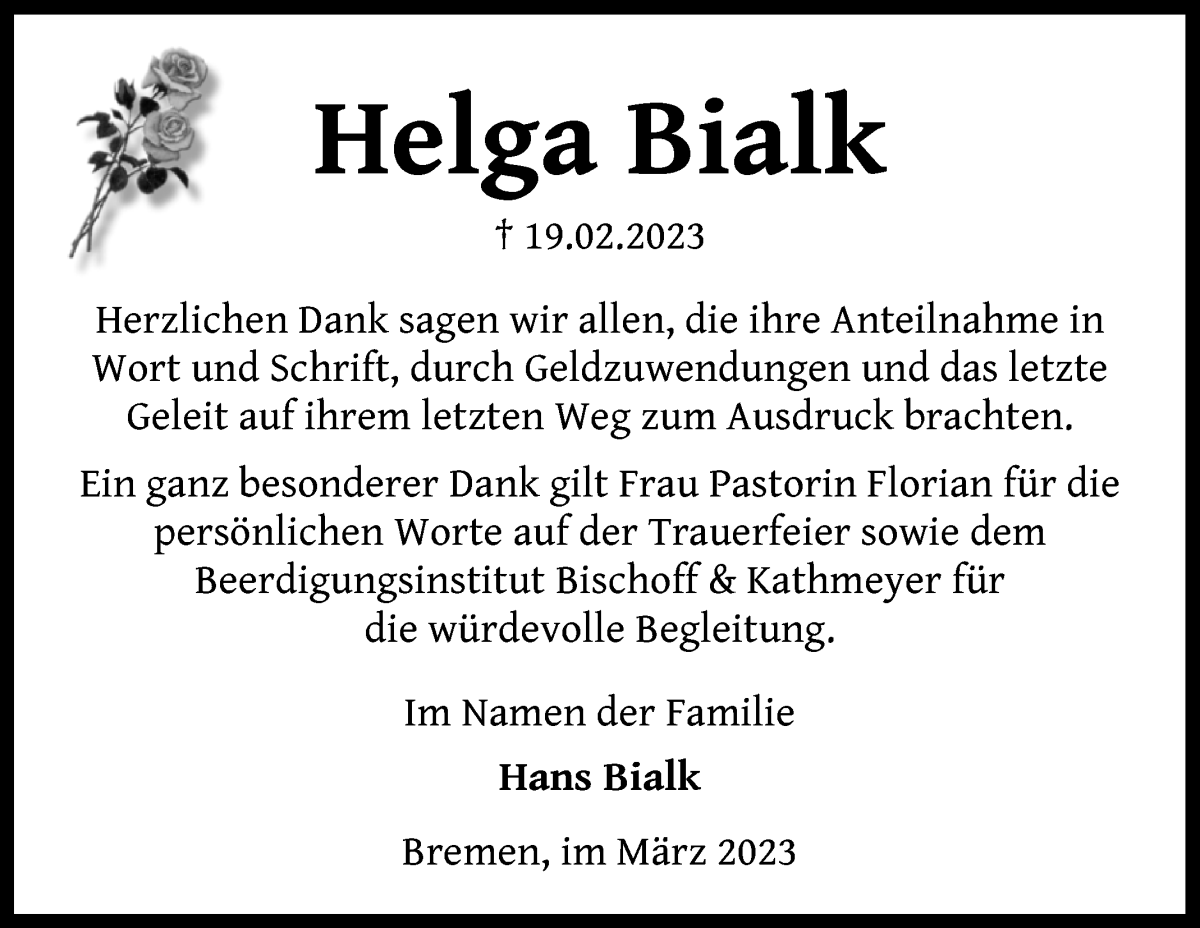 Traueranzeige von Helga Bialk von Die Norddeutsche