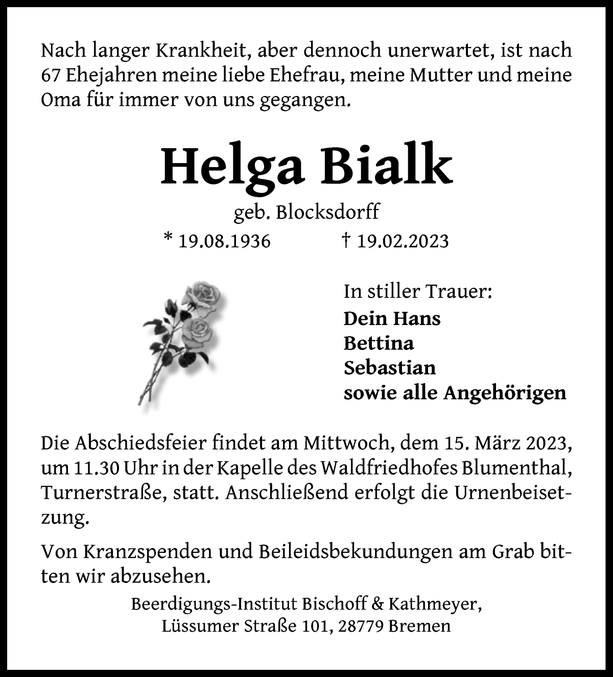 Traueranzeige von Helga Bialk von Die Norddeutsche