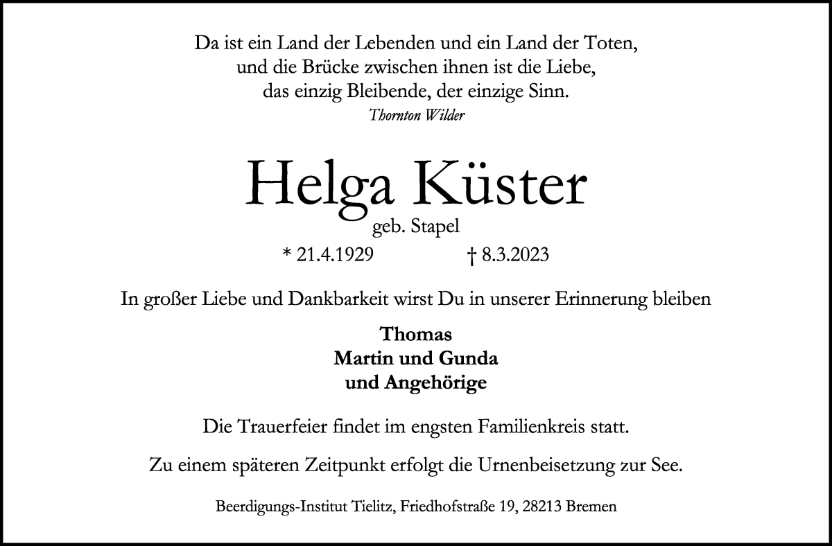Traueranzeige von Helga Küster von WESER-KURIER