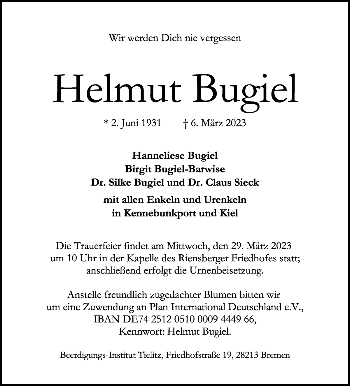 Traueranzeige von Helmut Bugiel von WESER-KURIER