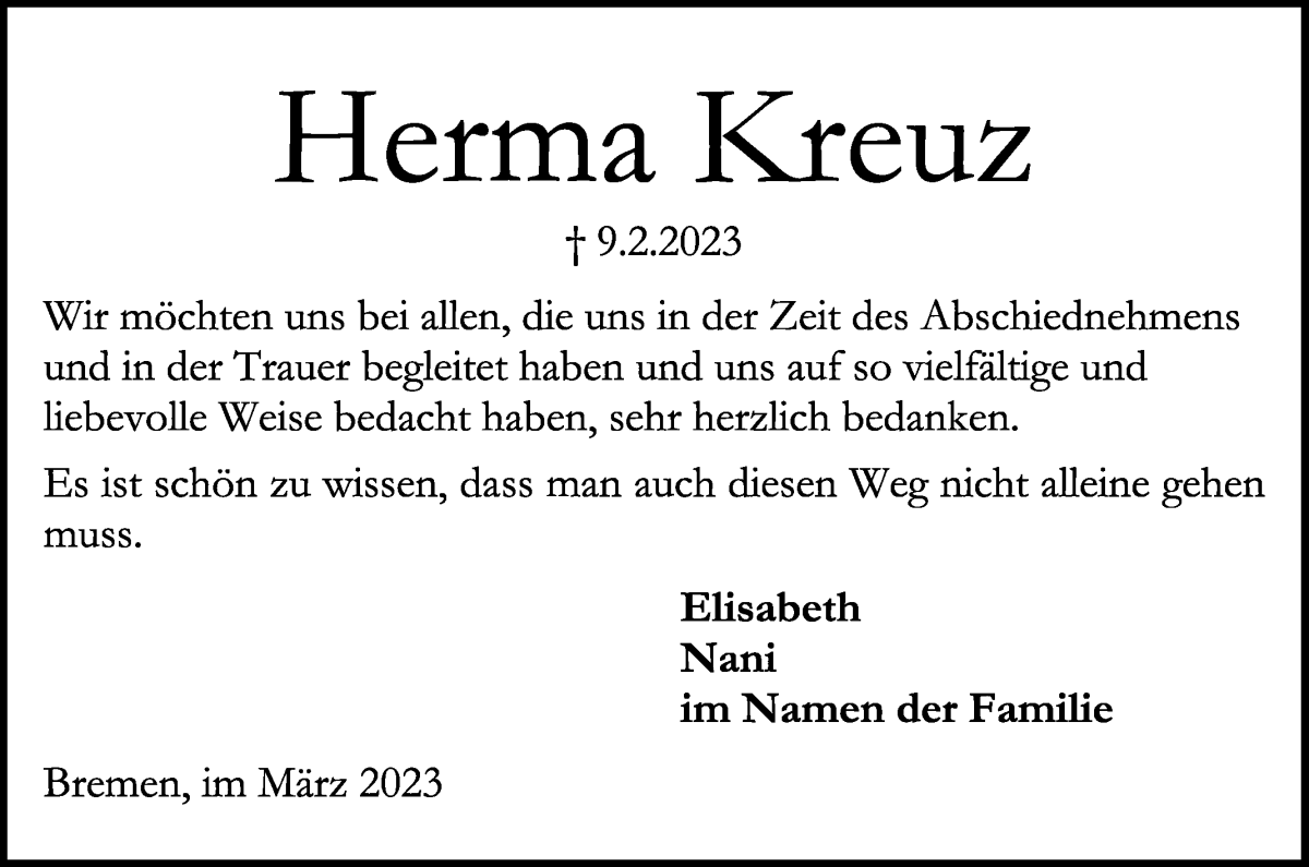 Traueranzeige von Herma Kreuz von WESER-KURIER