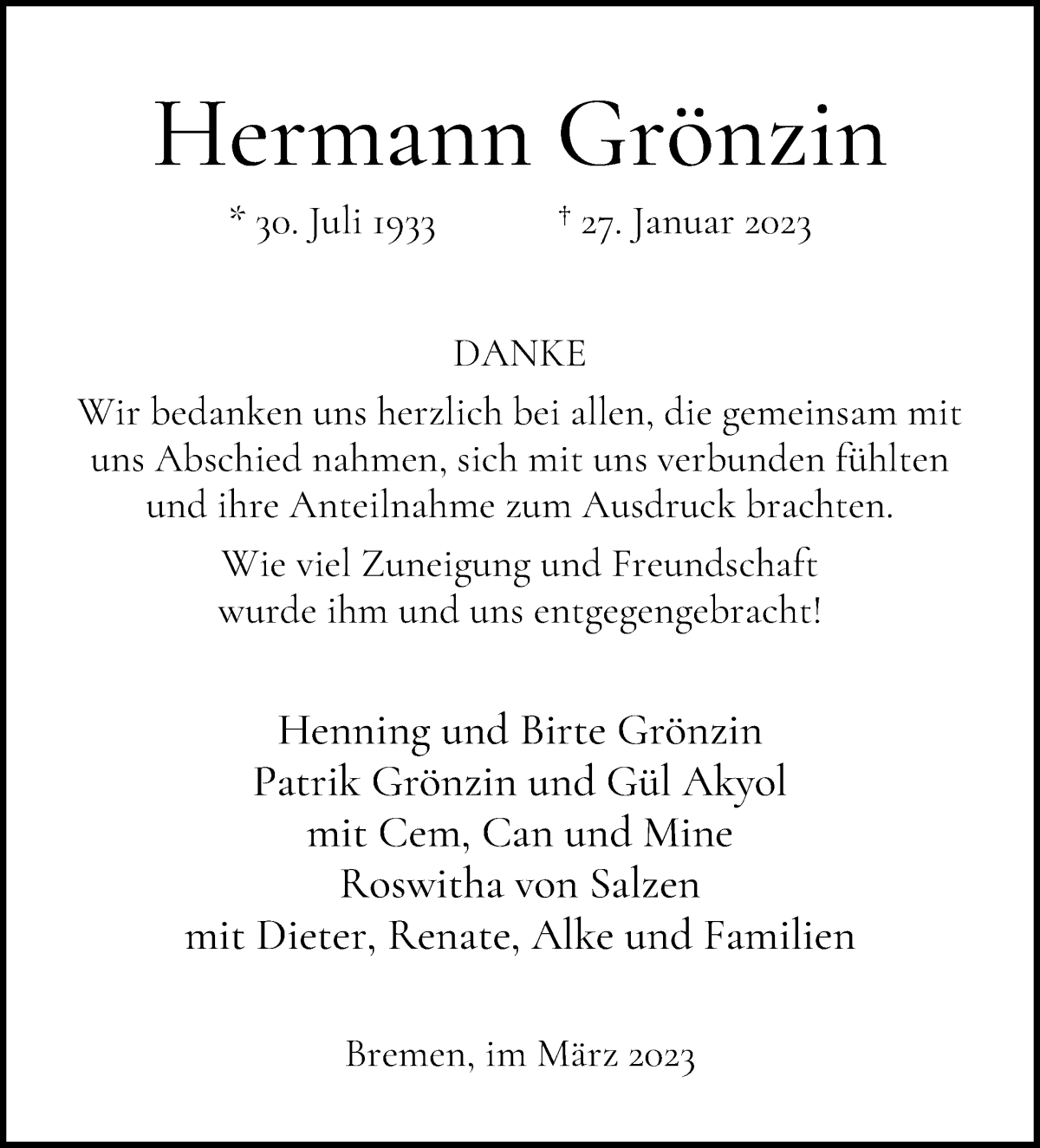 Traueranzeige von Hermann Grönzin von WESER-KURIER