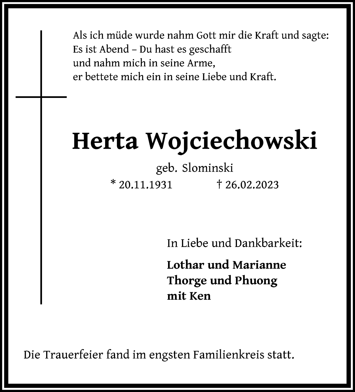 Traueranzeige von Herta Wojciechowski von Die Norddeutsche