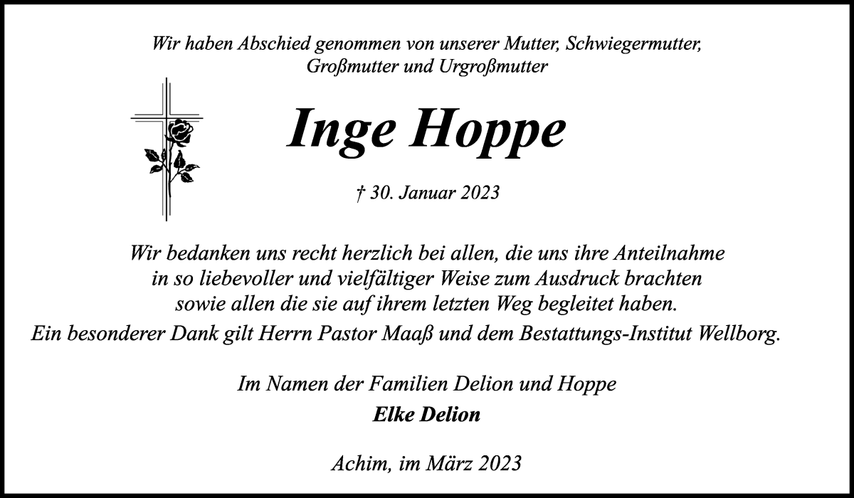 Traueranzeige von Inge Hoppe von Achimer Kurier/Verdener Nachrichten