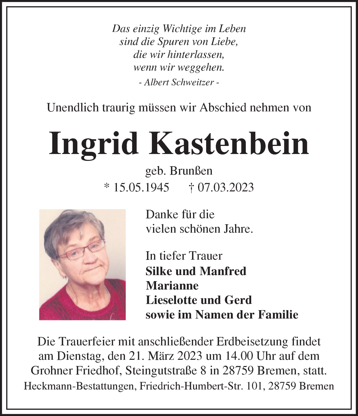 Traueranzeige von Ingrid Kastenbein von WESER-KURIER