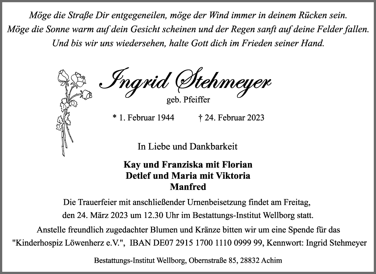 Traueranzeige von Ingrid Stehmeyer von Achimer Kurier/Verdener Nachrichten