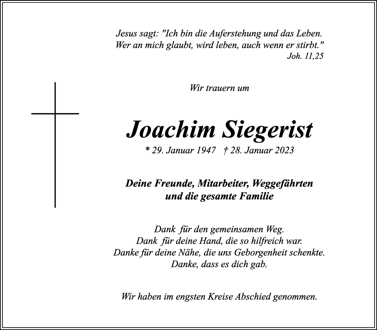 Traueranzeige von Joachim Siegerist von WESER-KURIER