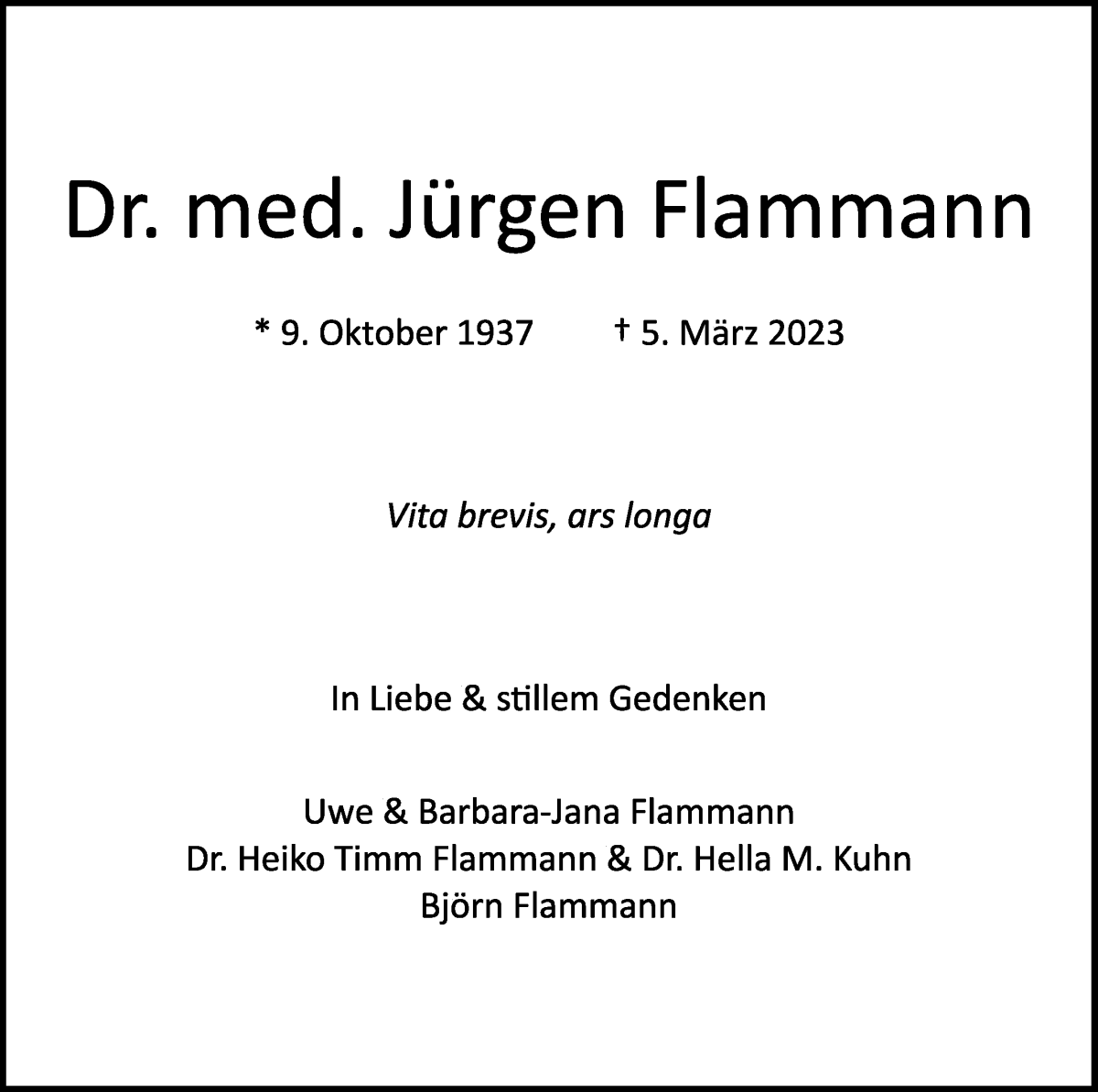 Traueranzeige von Jürgen  Flammann von WESER-KURIER