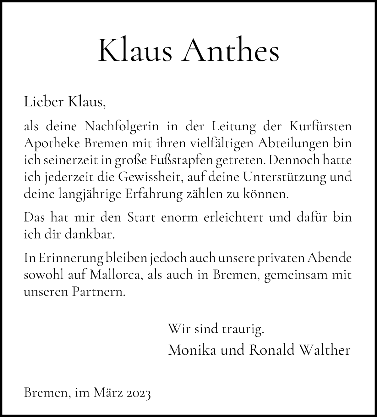 Traueranzeige von Klaus Anthes von WESER-KURIER