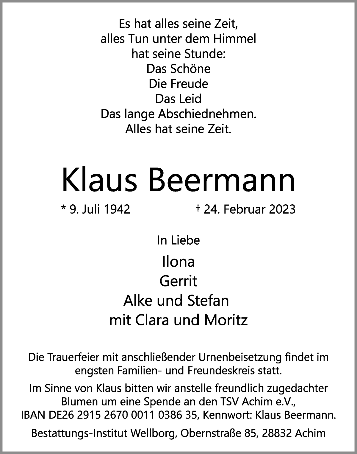 Traueranzeige von Klaus Beermann von WESER-KURIER