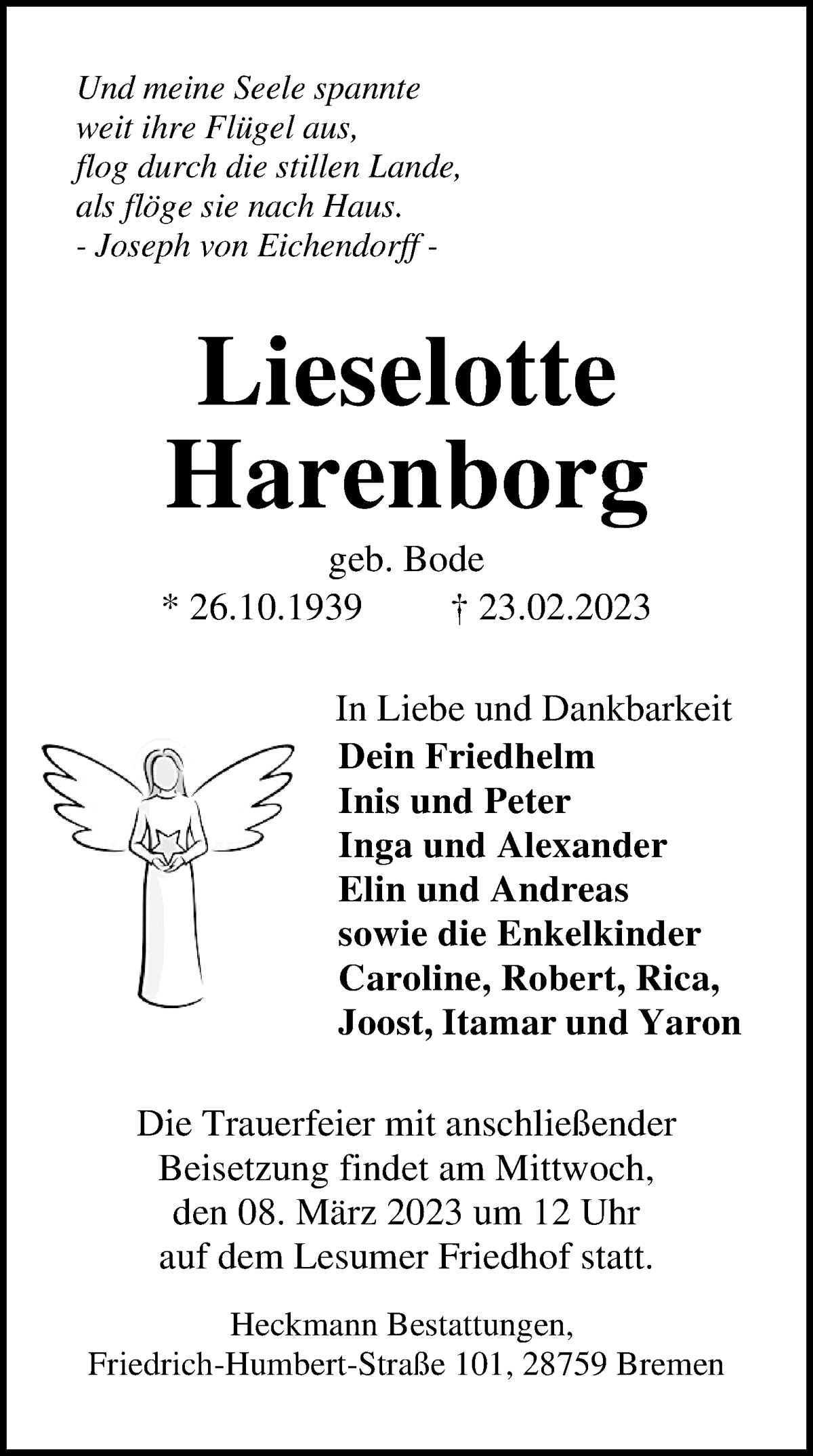 Traueranzeige von Lieselotte Harenborg von WESER-KURIER
