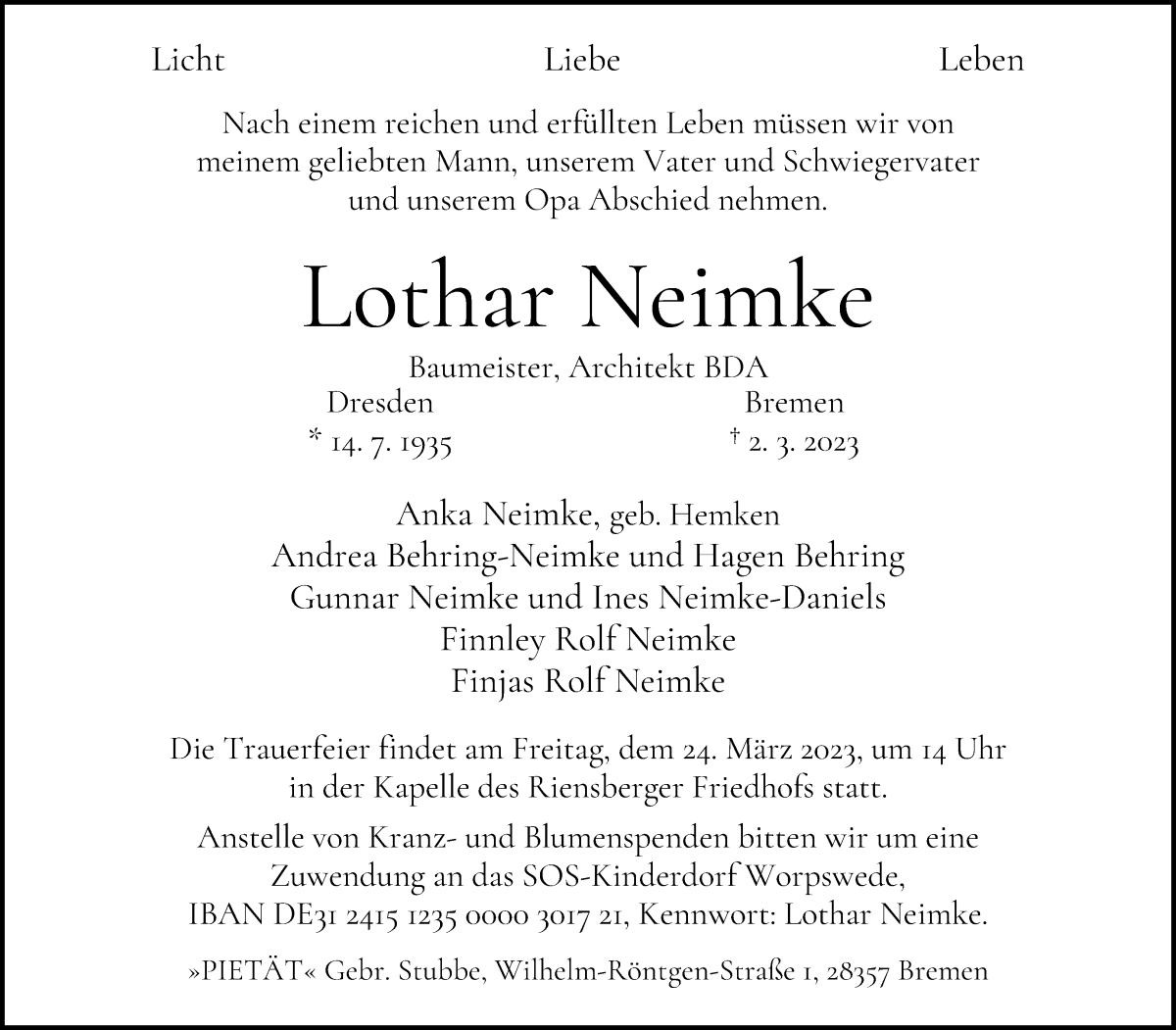 Traueranzeige von Lothar Neimke von WESER-KURIER