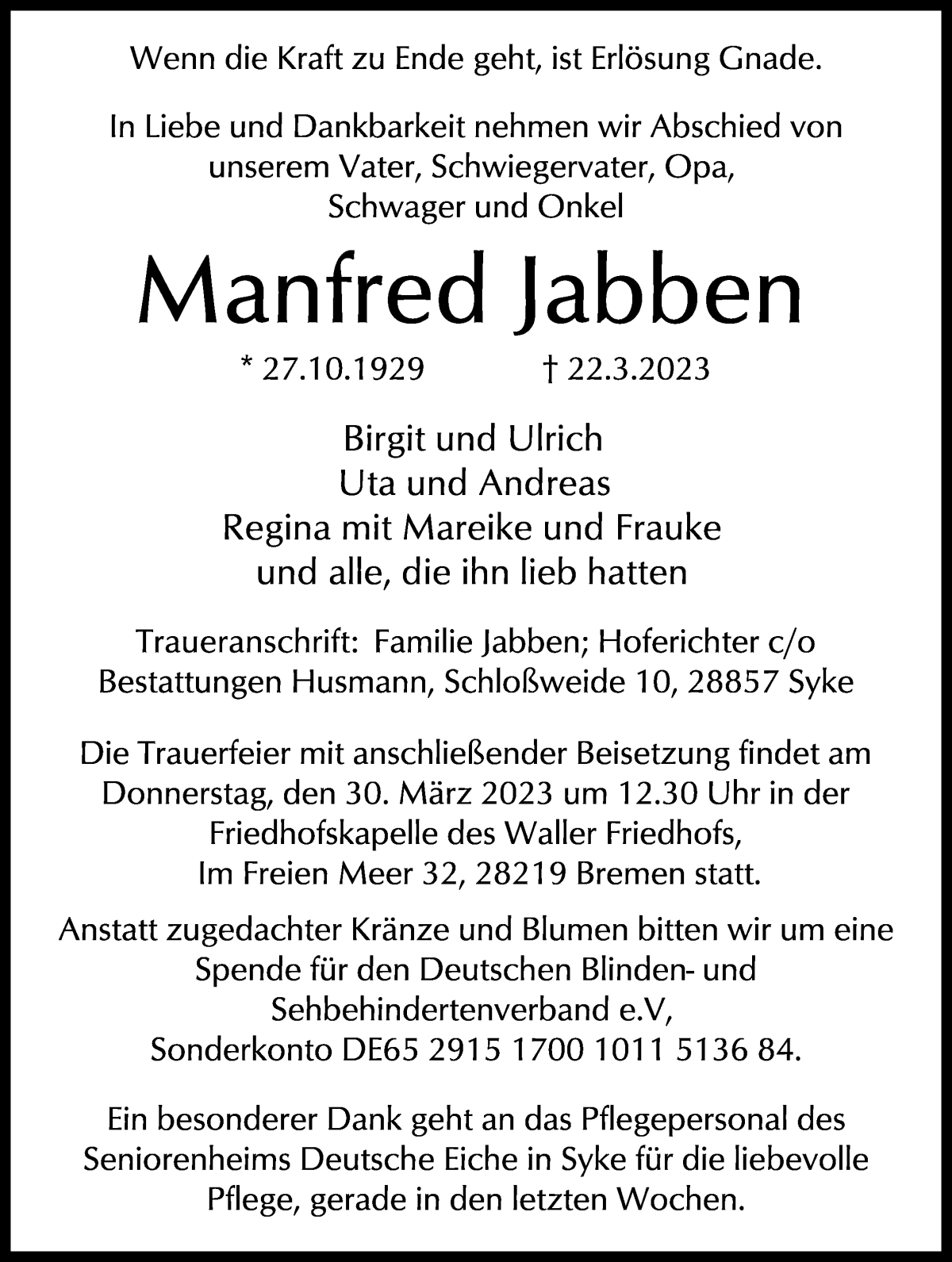 Traueranzeige von Manfred Jabben von WESER-KURIER