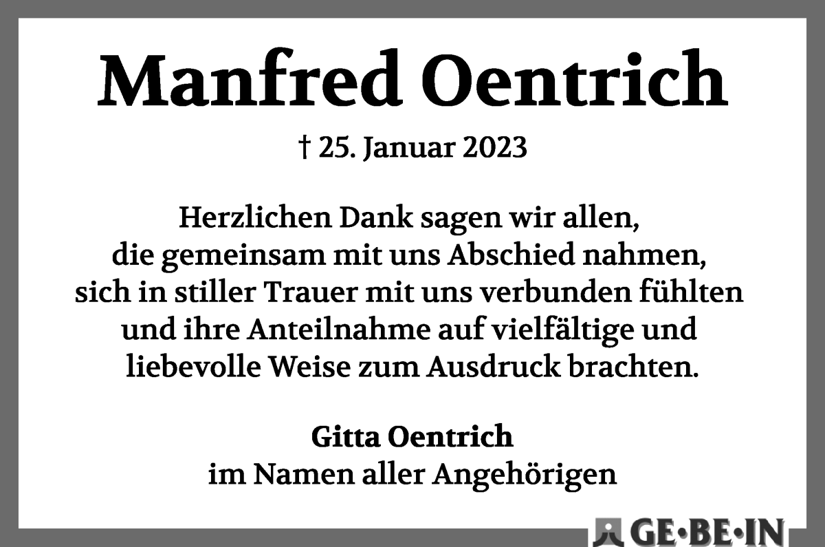 Traueranzeige von Manfred Oentrich von WESER-KURIER