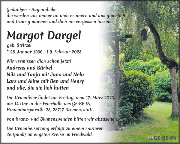 Traueranzeige von Margot Dargel von Die Norddeutsche