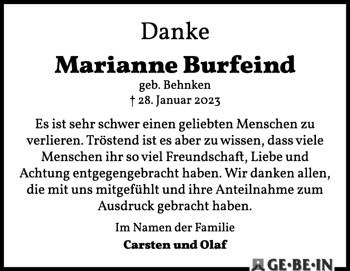 Traueranzeige von Marianne Burfeind von WESER-KURIER