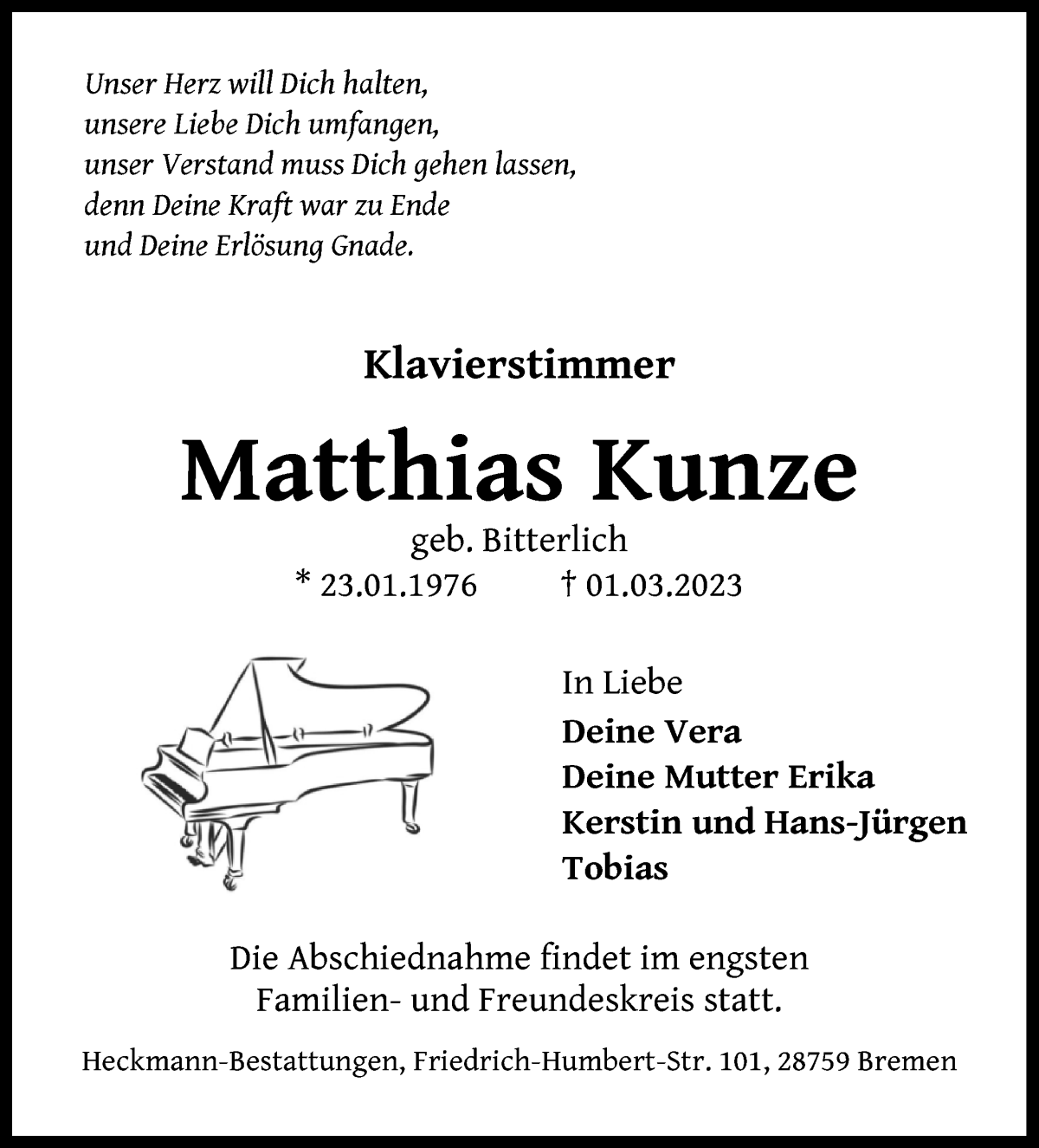 Traueranzeige von Matthias Kunze von WESER-KURIER