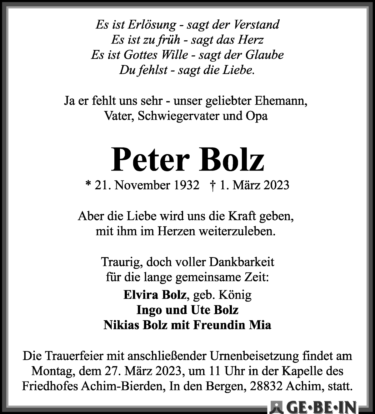 Traueranzeige von Peter Bolz von WESER-KURIER