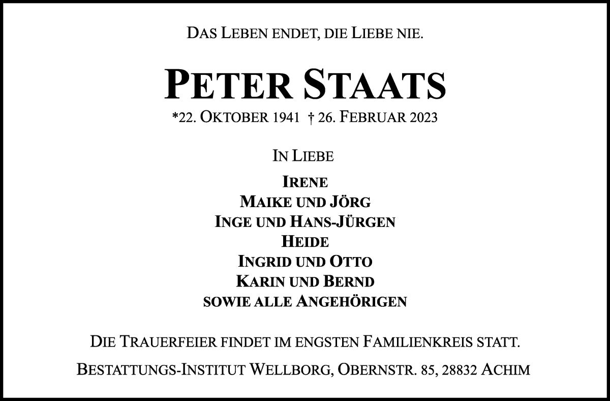 Traueranzeige von Peter Staats von WESER-KURIER