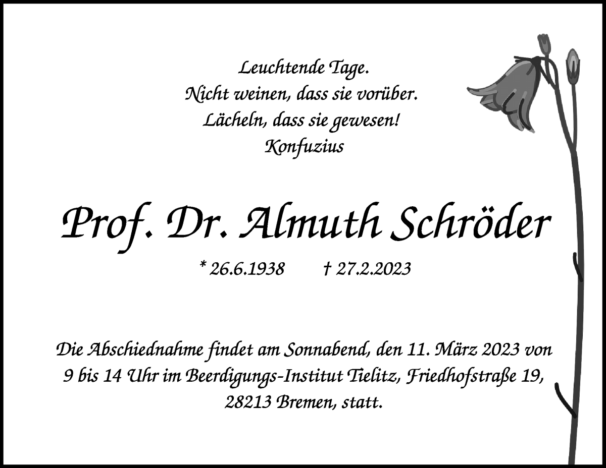 Traueranzeige von Prof. Dr. Almuth Schröder von WESER-KURIER