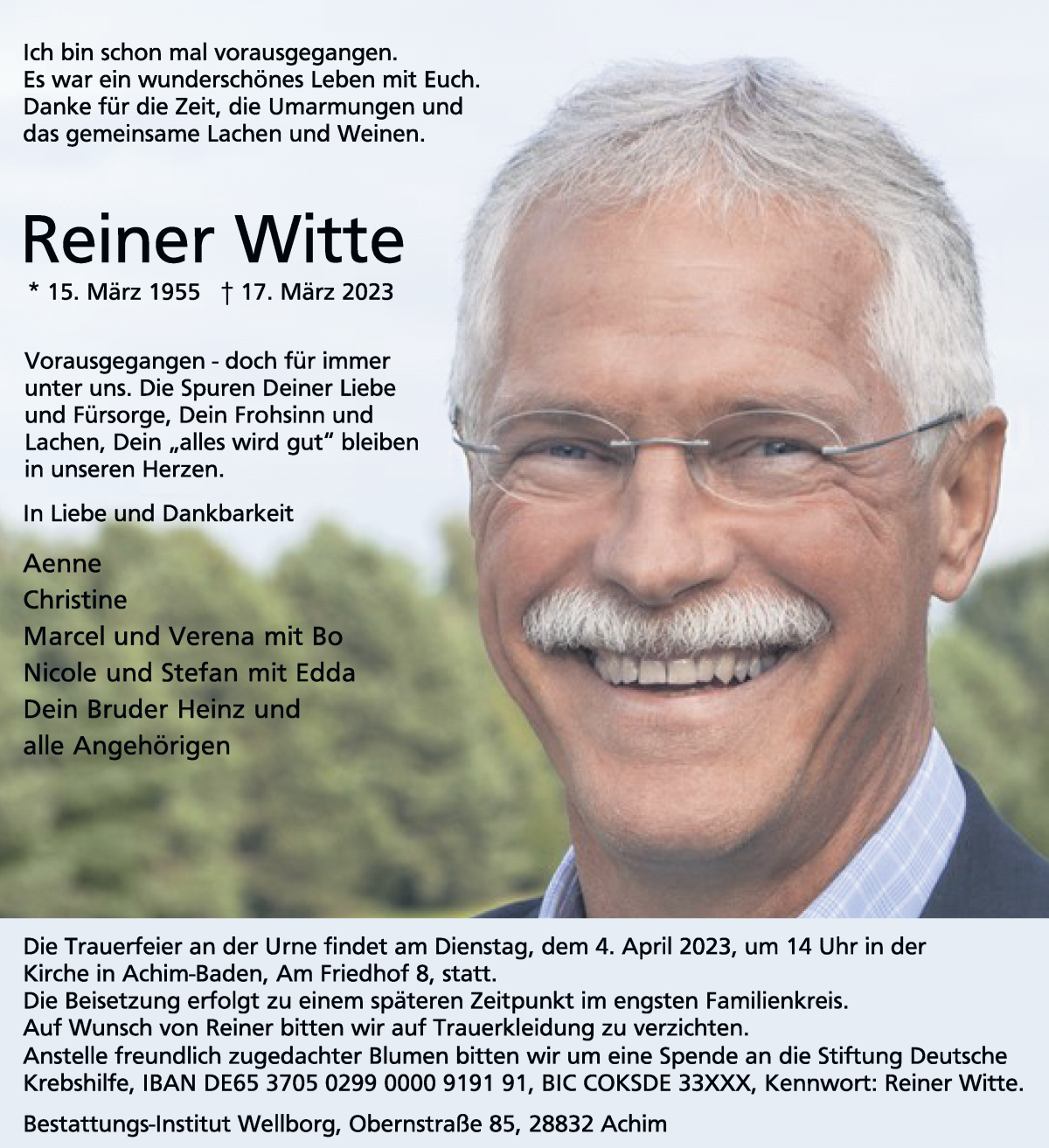 Traueranzeige von Reiner Witte von WESER-KURIER