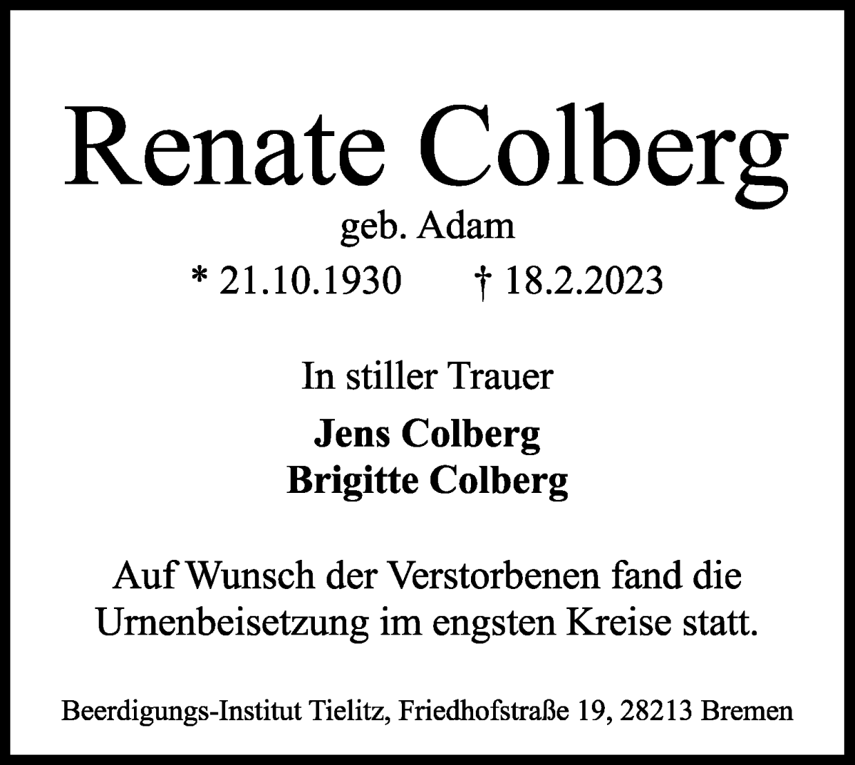 Traueranzeige von Renate Colberg von WESER-KURIER