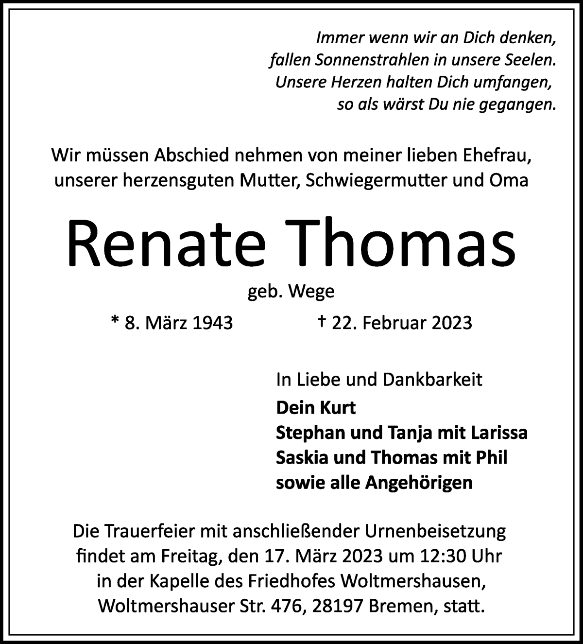 Traueranzeige von Renate Thomas von WESER-KURIER