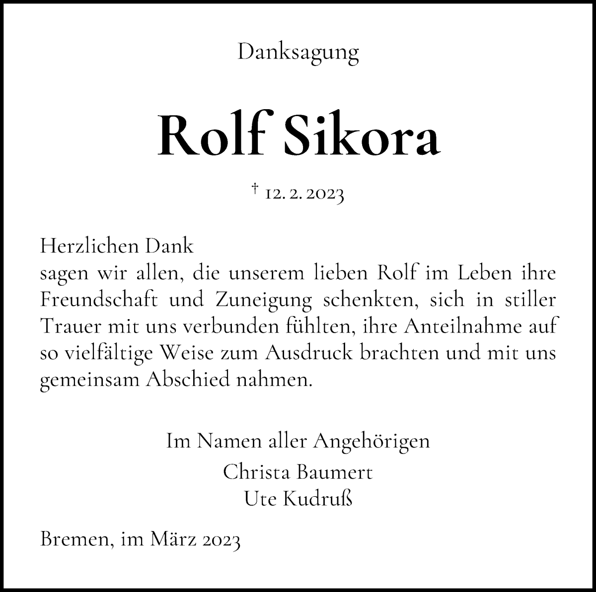 Traueranzeige von Rolf Sikora von WESER-KURIER