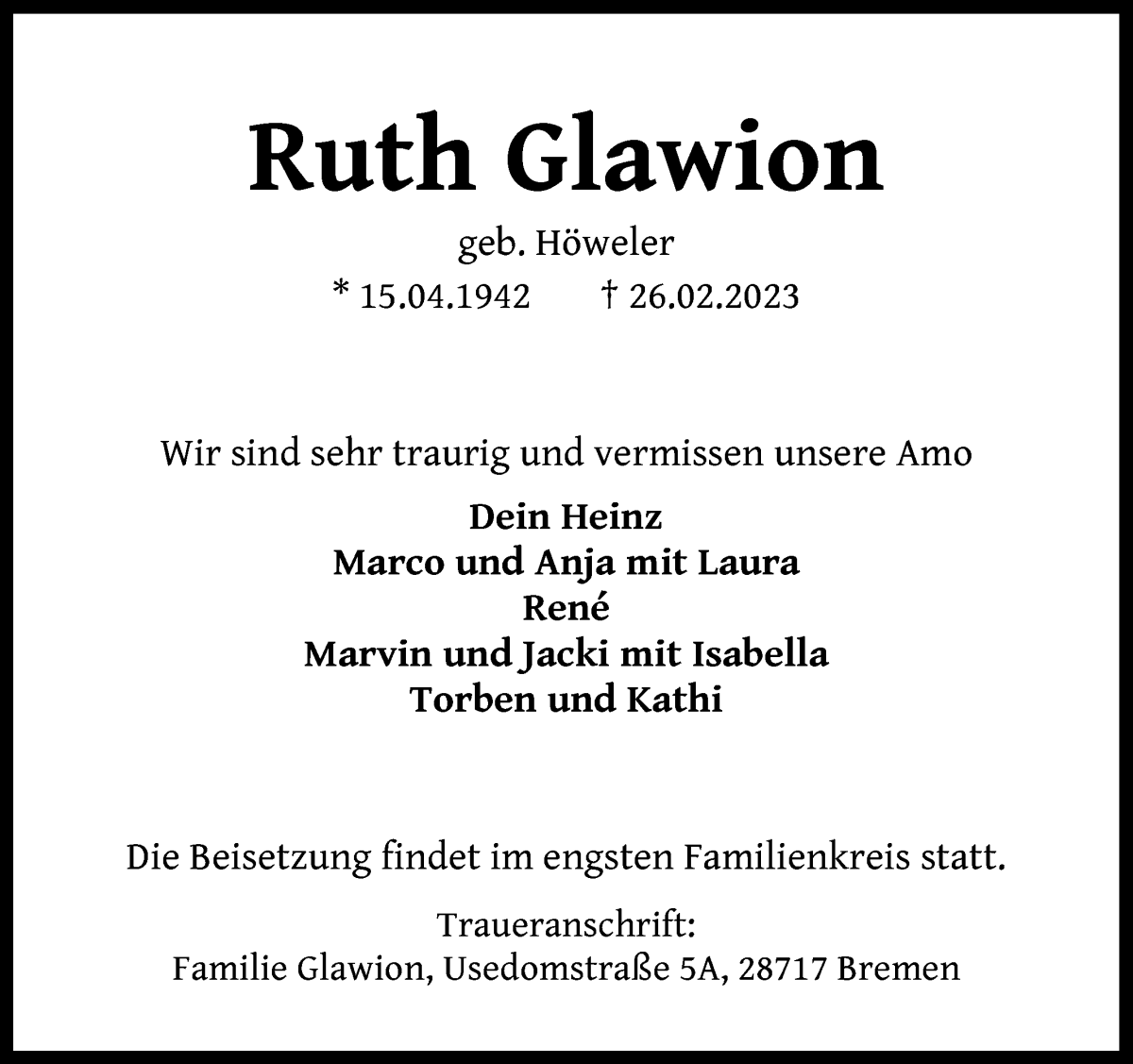 Traueranzeige von Ruth Glawion von Die Norddeutsche