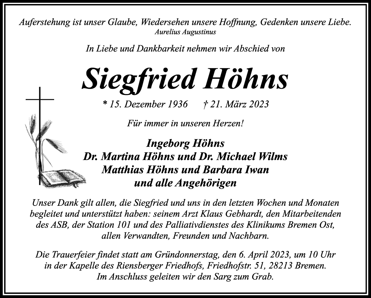 Traueranzeige von Siegfried Höhns von WESER-KURIER
