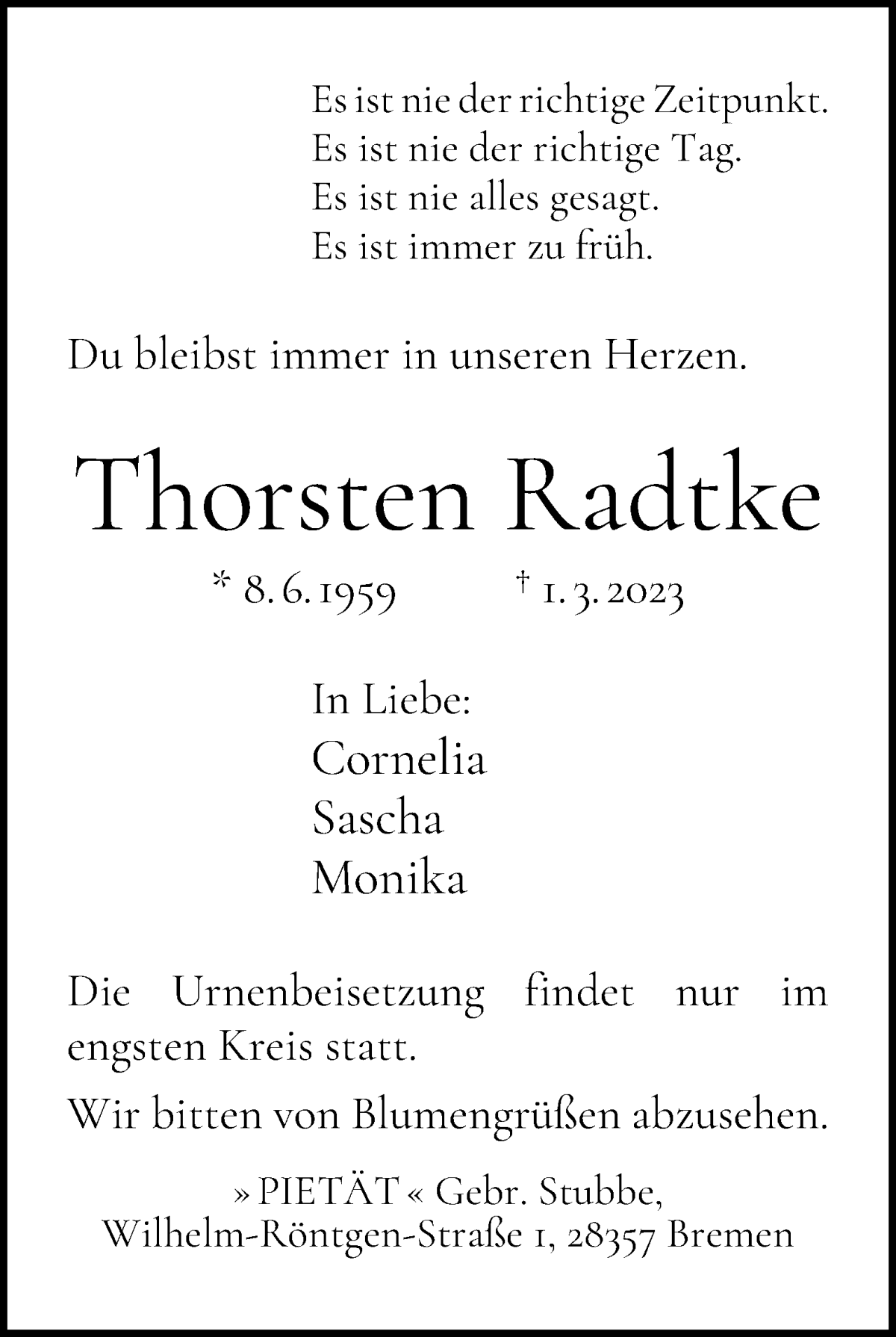 Traueranzeige von Thorsten Radtke von WESER-KURIER