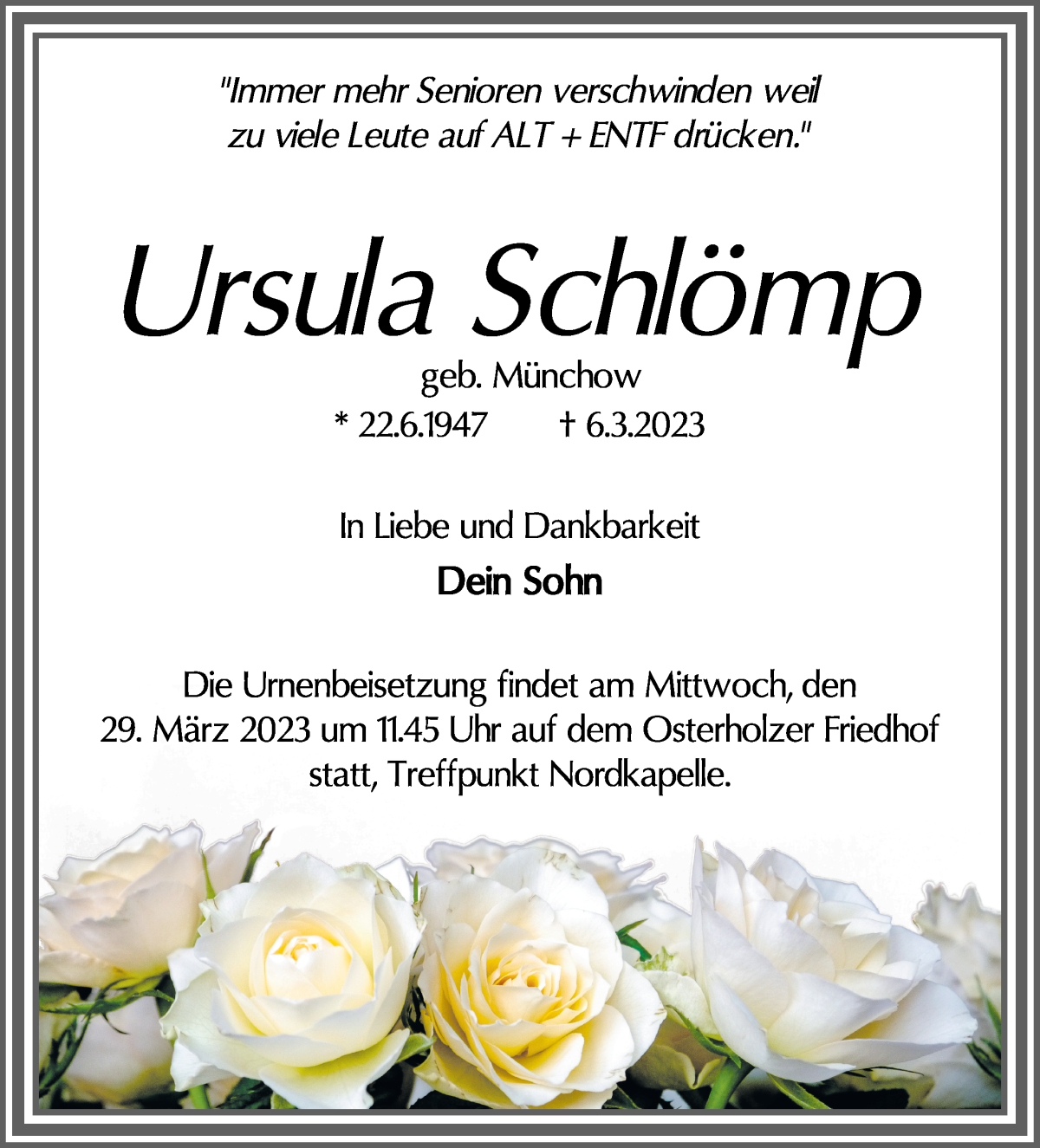 Traueranzeige von Ursula Schlömp von WESER-KURIER