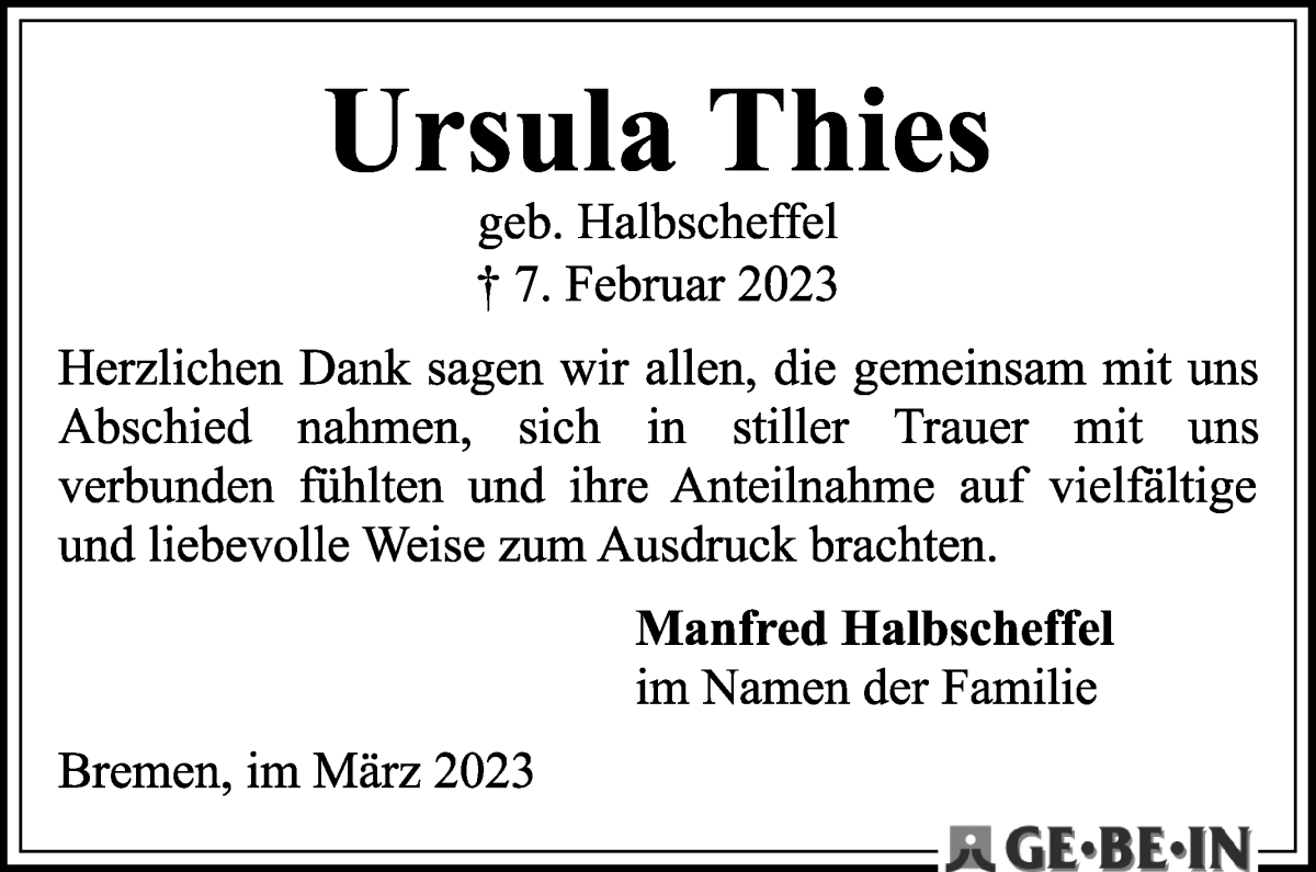Traueranzeige von Ursula Thies von WESER-KURIER