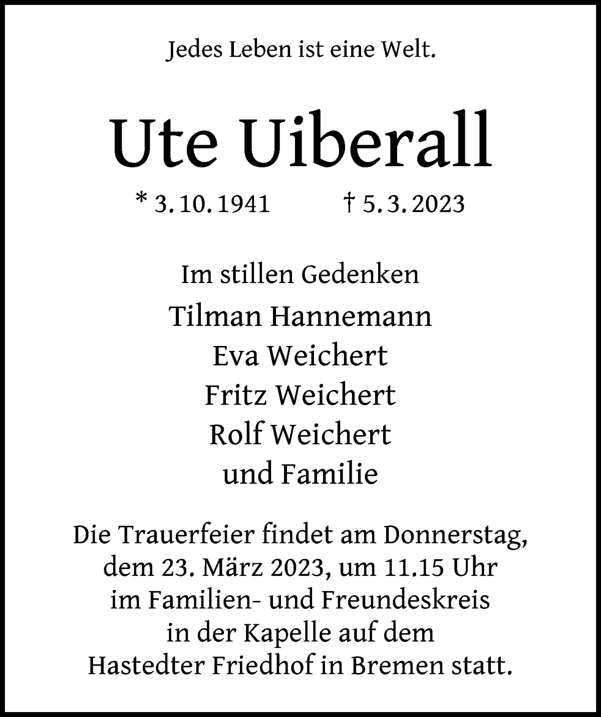 Traueranzeige von Ute Uiberall von WESER-KURIER
