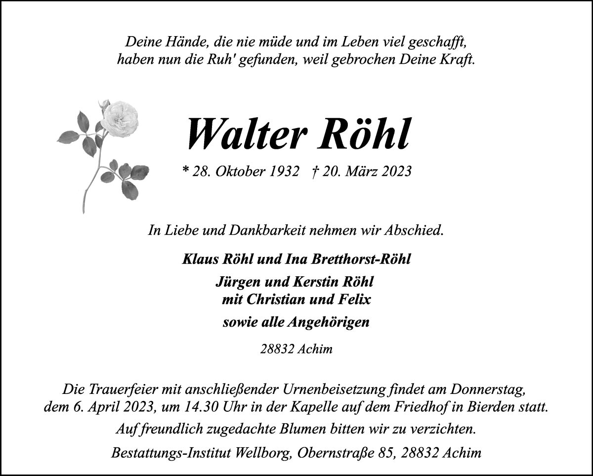 Traueranzeige von Walter Röhl von Achimer Kurier/Verdener Nachrichten